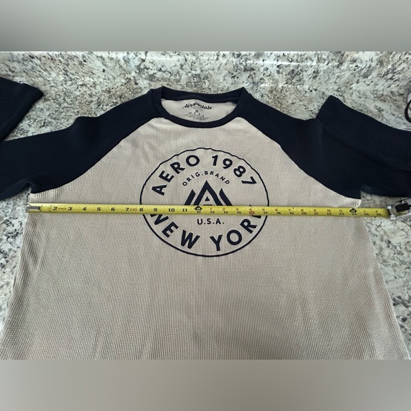 Aeropostale Navy Blue and Beige Waffle Knit Long Sleeve Logo Thermal Top Size XL - Picture 7 of 8